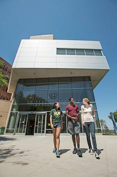 Students walking together in front of the University Library