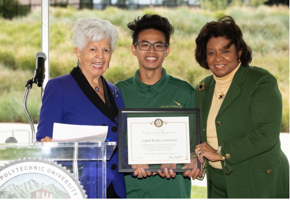 Congresswoman Grace Napolitano presents certificate to Cal Poly Pomona's Liquid Rocket Lab