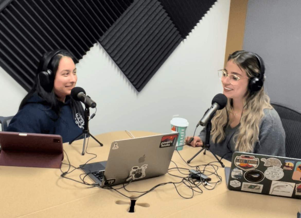 Kimberly Aguilar and Jennifer Flores on a podcast.