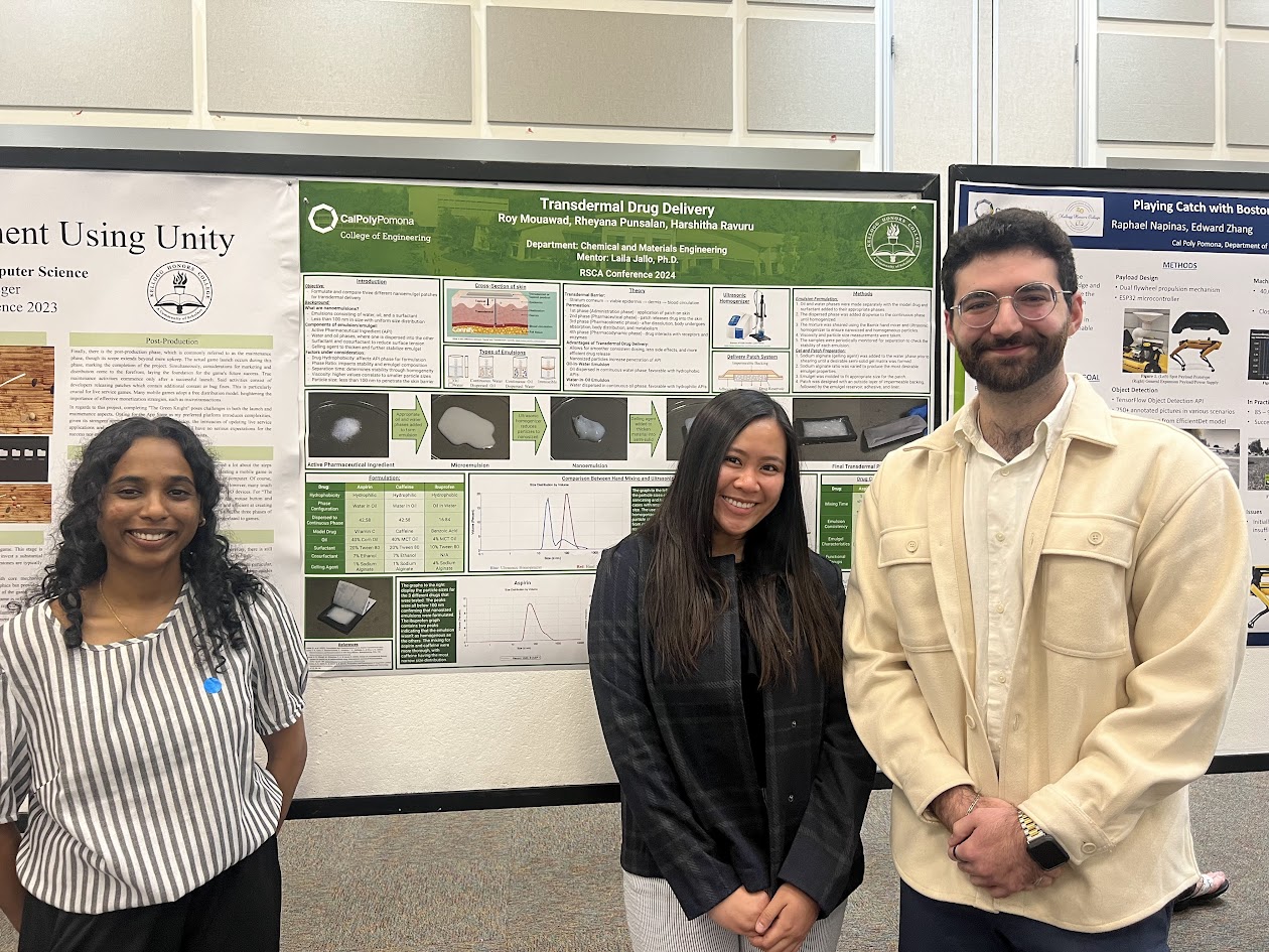 Three students standing in front of a research poster with graphs