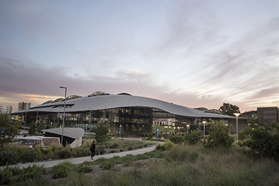 Student Services Building with sunset 