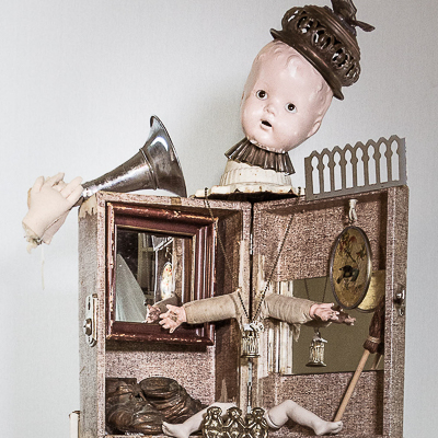 Gina M.  Listen Little Lady from the Toy Box Kids Series, 2018  assemblage, toy stove, man hands, doll parts, stool, mirrors, bronze baby shoes  61 x 24 x 16”  Courtesy of the artist