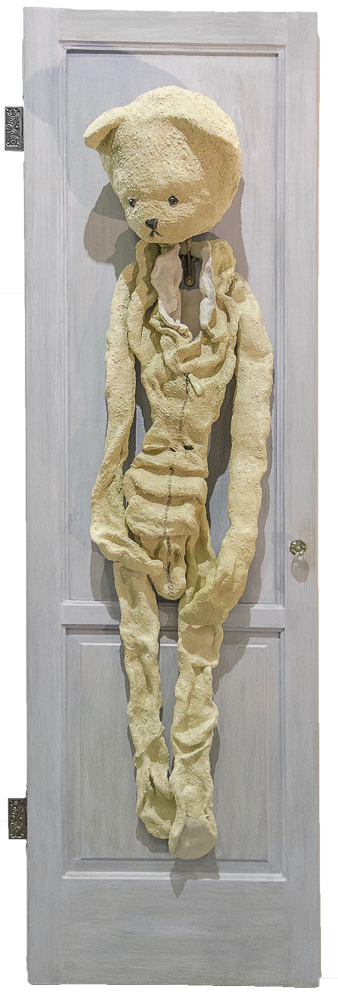 Gina M.  Memory Mascot from the Lost, Not Forgotten Series, 2015  high-fired ceramic, glaze, repurposed door and hardware  80 x 24 x 14”  Courtesy of the artist