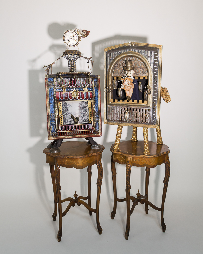 Gina M.  Beauty and The Beast from the Toy Box Kids Series, 2018  assemblage, iron fire grates, antique tables, clock parts, rope, fabric, found objects, acrylic paint  68 x 24 x 24”  Courtesy of the artist