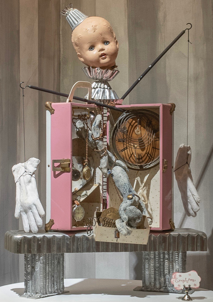 Gina M.  Ever After from the Toy Box Kids Series, 2017  assemblage, found objects, ceramic gloves and rabbit  30.5 x 23 x 12”  Courtesy of the artist