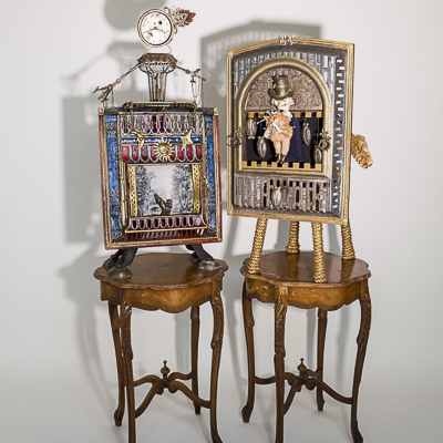 Gina M.  Beauty and The Beast from the Toy Box Kids Series, 2018  assemblage, iron fire grates, antique tables, clock parts, rope, fabric, found objects, acrylic paint  68 x 24 x 24”  Courtesy of the artist