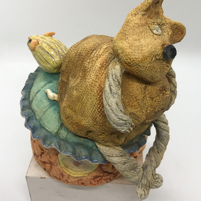 Gina M.  Joe the Bear and Sam the Mouse from the Lost, Not Forgotten Series, 2019  high-fired ceramic, oxide wash  9 x 6 x 7”  Courtesy of the artist