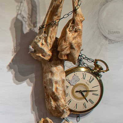 Gina M.  No time to say. from the Lost, Not Forgotten Series, 2018  high-fired ceramic, glaze, clock, hook  90 x 24 x 16”  Courtesy of the artist