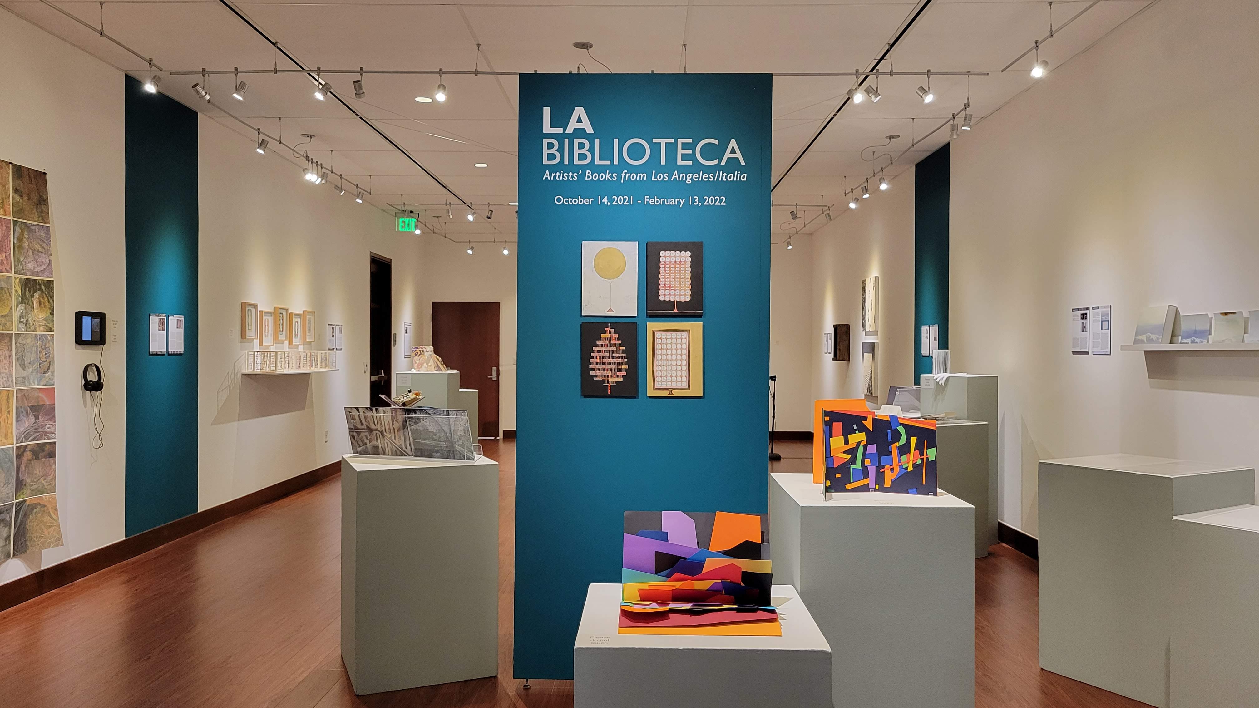 Installation View, Entrance of Gallery, LA Biblioteca: Artists' Books from Los Angeles/Italia, Oct. 14 to Feb. 13, 2021.