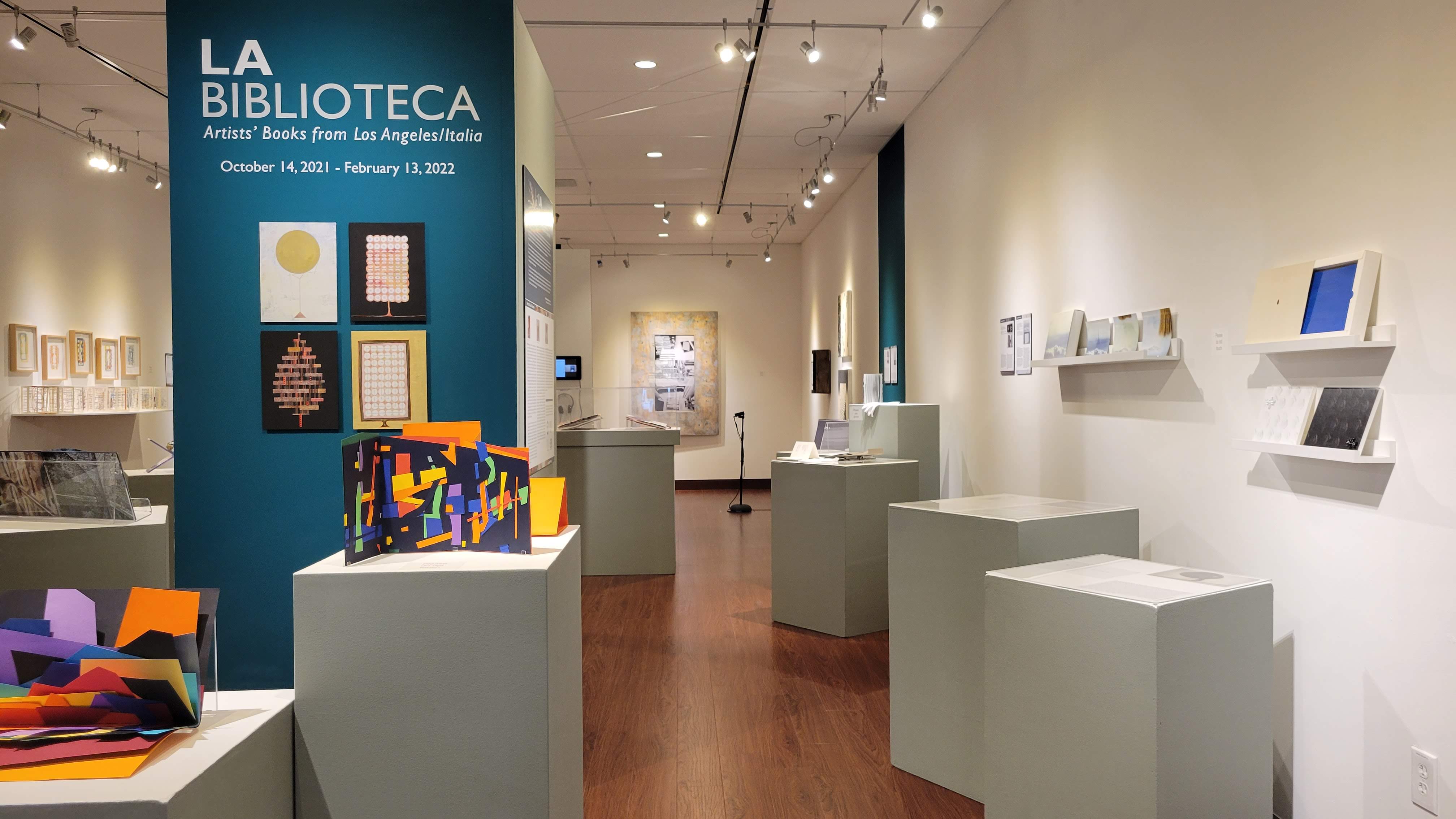 Installation View, Right Entrance of Gallery, LA Biblioteca: Artists' Books from Los Angeles/Italia Exhibition, Oct. 14 to Feb. 13, 2021.