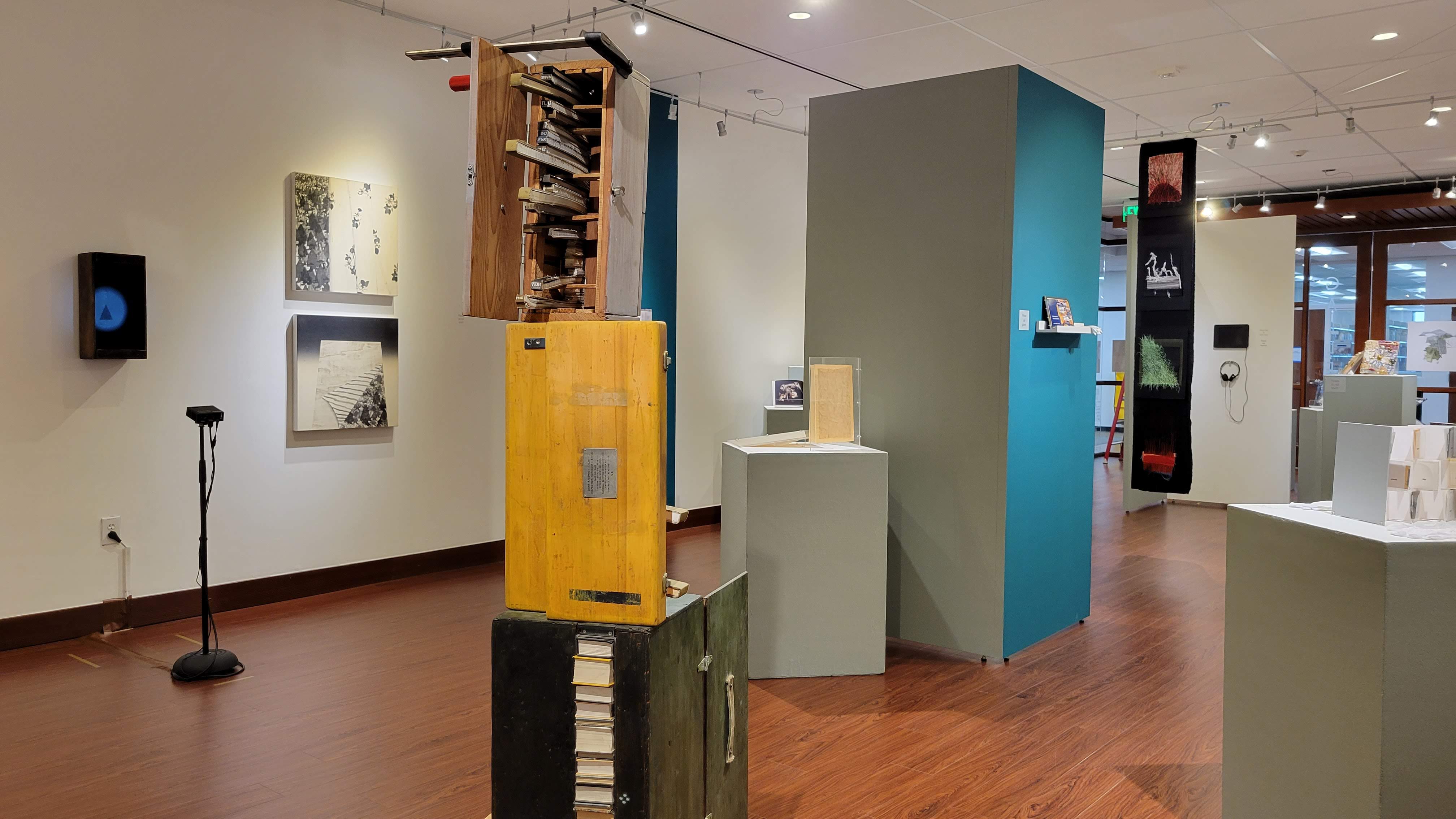 Installation View, Wide Back View of Gallery, LA Biblioteca: Artists' Books from Los Angeles/Italia Exhibition, Oct. 14 to Feb. 13, 2021.