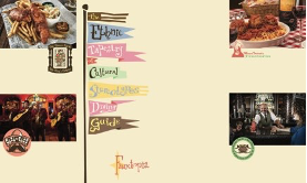 Dining guide with images of food, bartenders, and mariachi band. With Flags including text "Ethnic, Tapestry, Cultural, Stereotypes, Dining Guide"