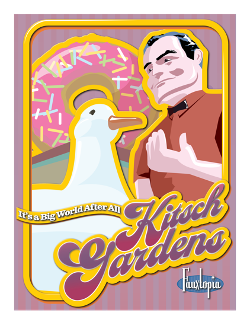 Poster titled "Its a Big World After All Kitsch Gardens" with Donut background and Duck and man