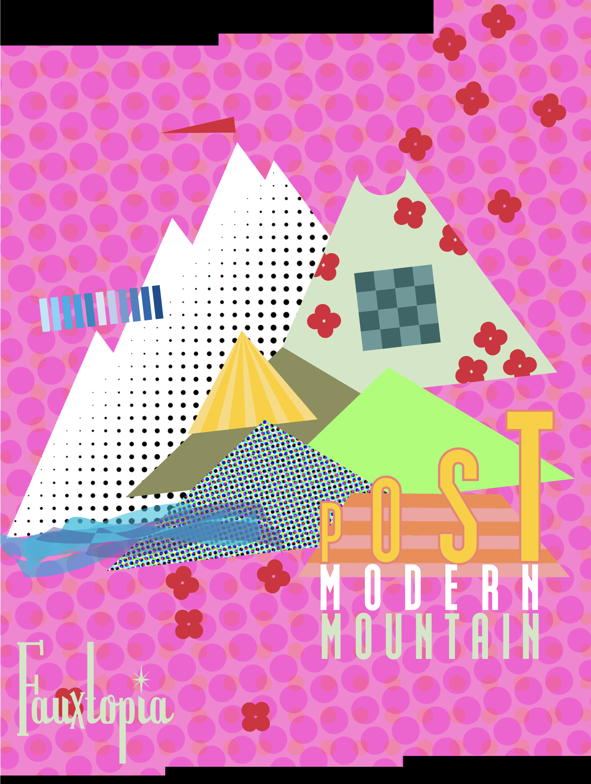 Majority Pink background with multiple mountain graphics and text "Post Modern Mountain"