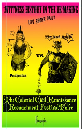"Witness History in the Re-Making Live shows Daily" Pocahontas figure vs. The Back Night in pink, orange, yellow, green gradient background.