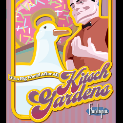 Poster titled "Its a Big World After All Kitsch Gardens" with Donut background and Duck and man