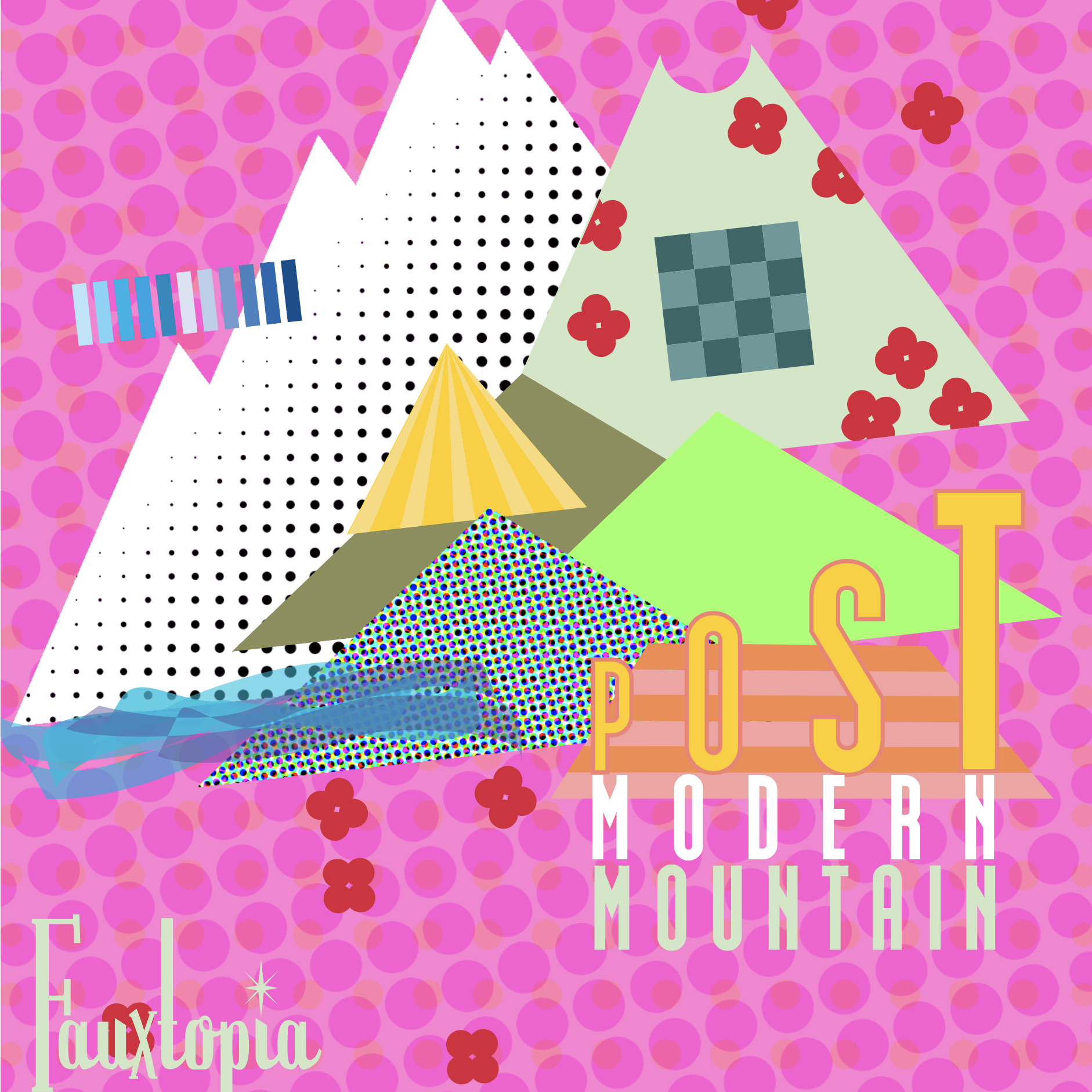 Majority Pink background with multiple mountain graphics and text "Post Modern Mountain"