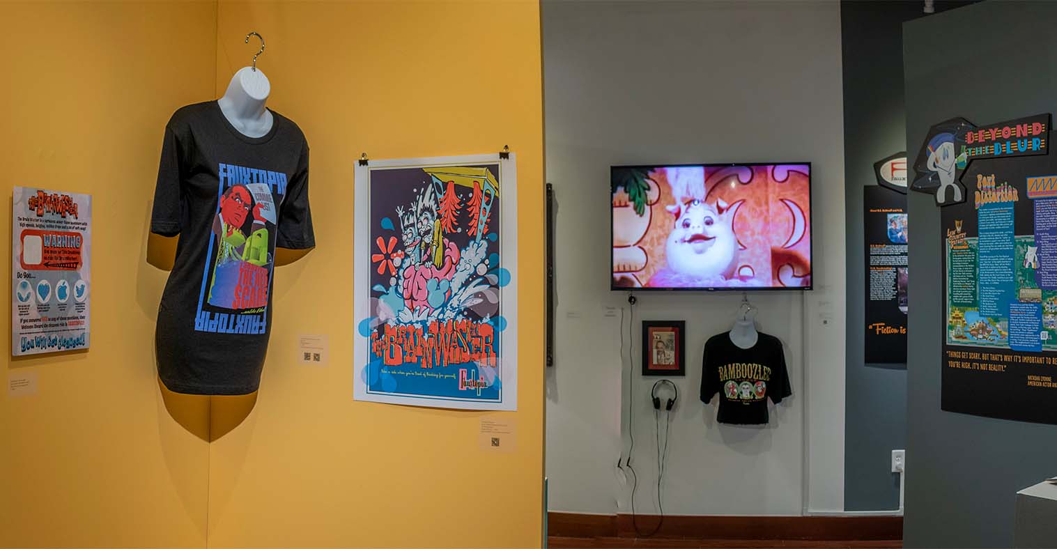 Installation View, Center-Left Gallery, Treasures of Fauxtopia Artifacts, Memorabilia and Souvenirs from The Most Believable Place on Earth Exhibition, Mar. 17 to Sep. 11, 2022.