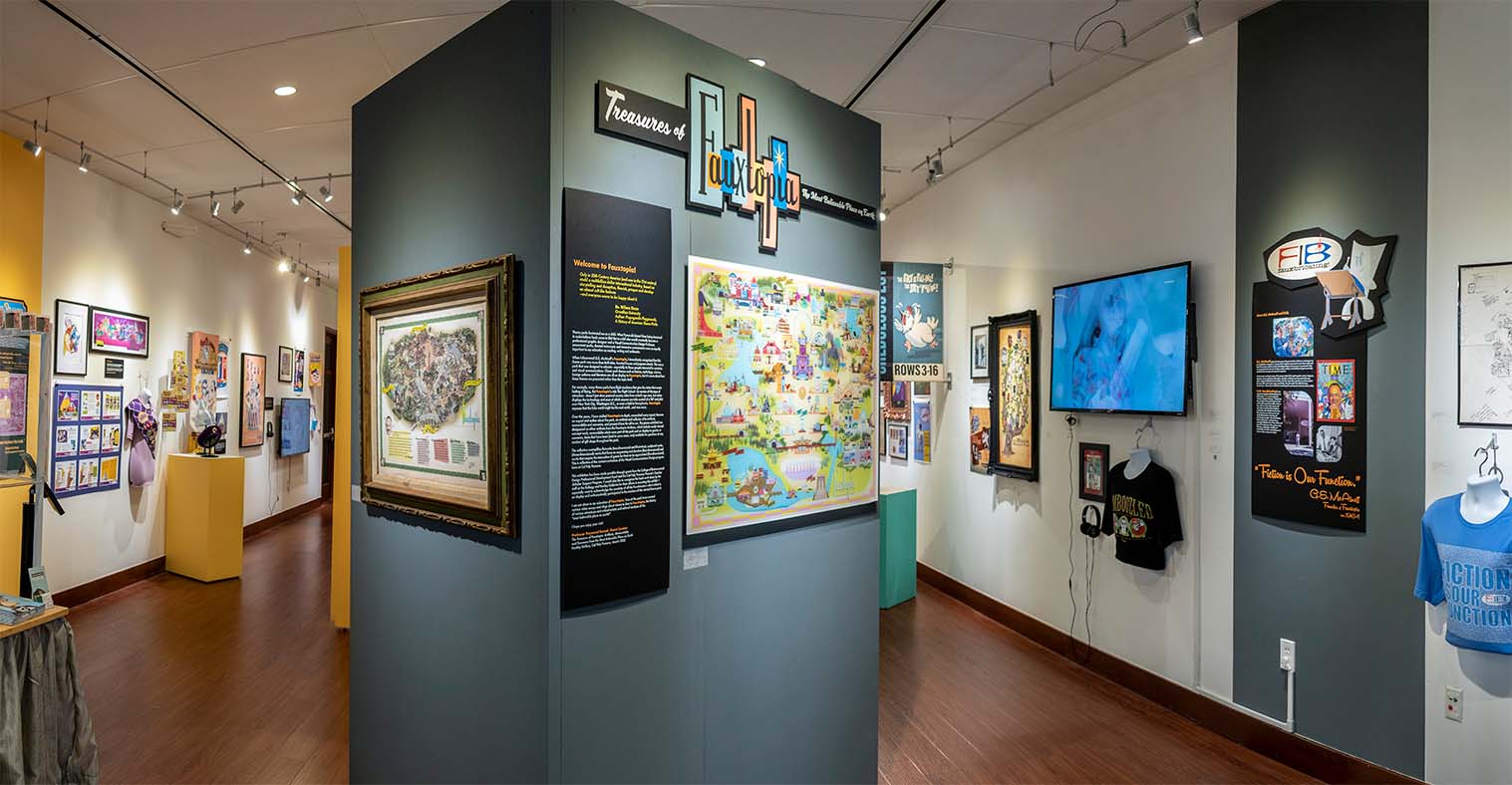 Installation View, Entrance of Gallery, Treasures of Fauxtopia Artifacts, Memorabilia and Souvenirs from The Most Believable Place on Earth Exhibition, Mar. 17 to Sep. 11, 2022.
