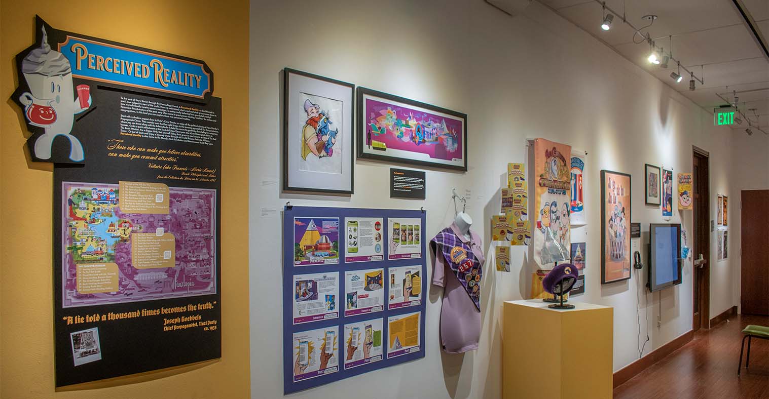 Installation View, West Gallery, Treasures of Fauxtopia Artifacts, Memorabilia and Souvenirs from The Most Believable Place on Earth Exhibition, Mar. 17 to Sep. 11, 2022.