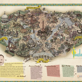 Illustrative map of Fauxtopia. Each of the different sections of the park, such as story street, are highlighted with their own little descriptions.