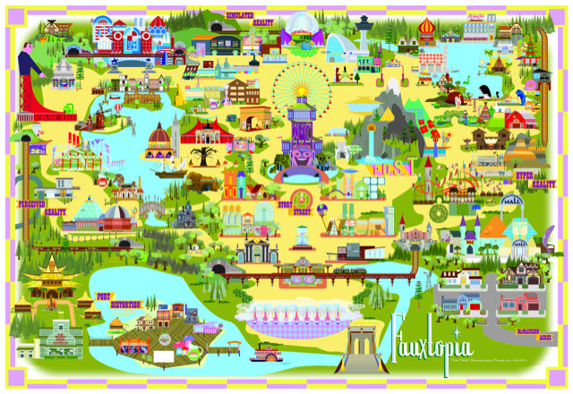 Illustration of a map of Fauxtopia park. Various different sections of the park (i.e., perceived reality, simulated reality, story street, etc.) are labeled.  