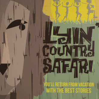 Image of a lion with people dancing in the back with text "Lyin County Safari" in the middle of the image