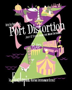 Port Distortion, Black, green, white, and pink image with carnival stands