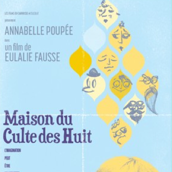 Image of light blue poster with a woman's face in the bottom right corner and diamond shapes above her head 