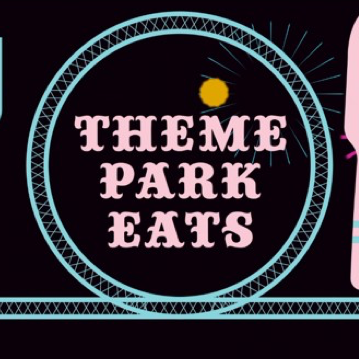 Image of Theme Park Eats logo in pink with a light blue circle around it and utensils next to it  
