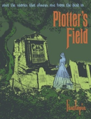 Image of a poster of a blue ghost in a graveyard with trees and gravestones 