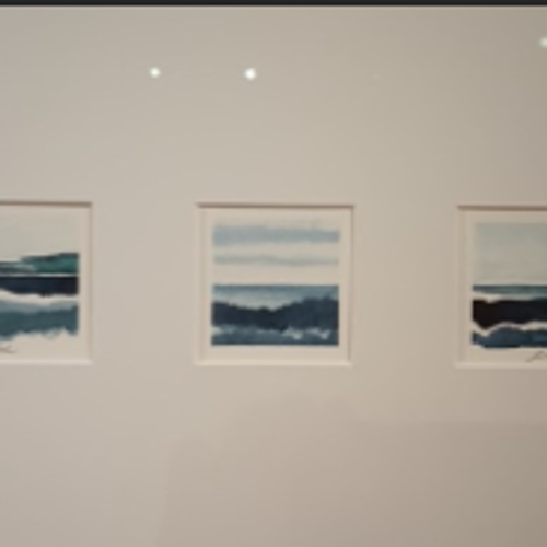 Triptychs made with water color and mica raging colors of blue