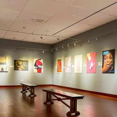 Center of the Huntley Gallery featuring artwork from the Womens Rights are Human Rights exhibition.