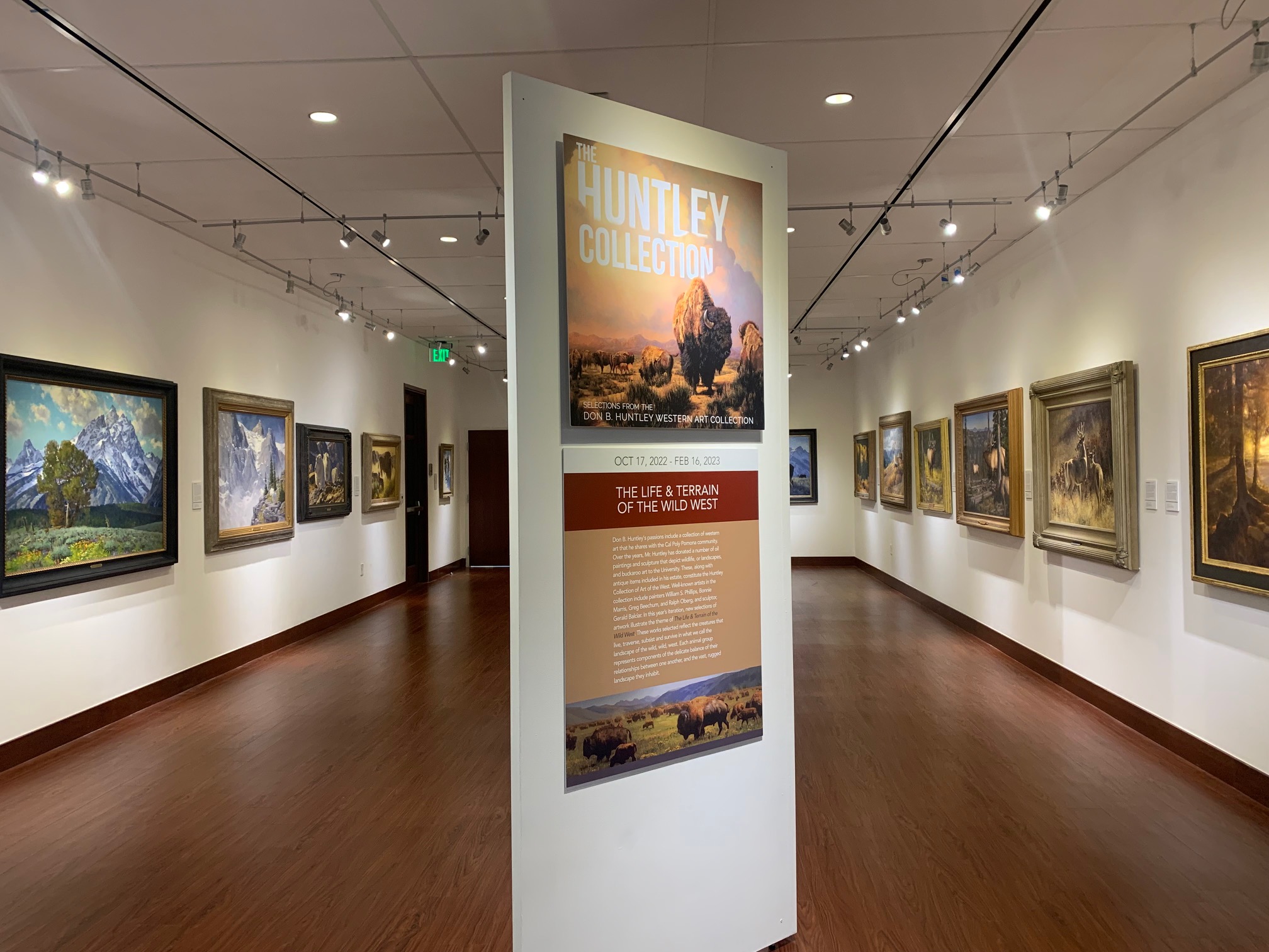 Image of the Huntley Gallery showing "The life and terrain of the wild West" text didactic and artwork