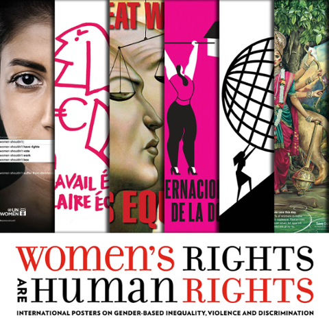 Women's Rights are Human Rights, International Posters on Gender-based Inequality, Violence, and Discrimination (left to right) UN Graphic of Google search engine saying "Women Should Not..." with a list of reasons, Salaire Egal Equal Pay, Treat Women as Equals, International Women's Day pink graphic of a woman lifting up weights made of houses, Men's World graphic of a woman pushing a globe up a steep slope, Indian Goddess