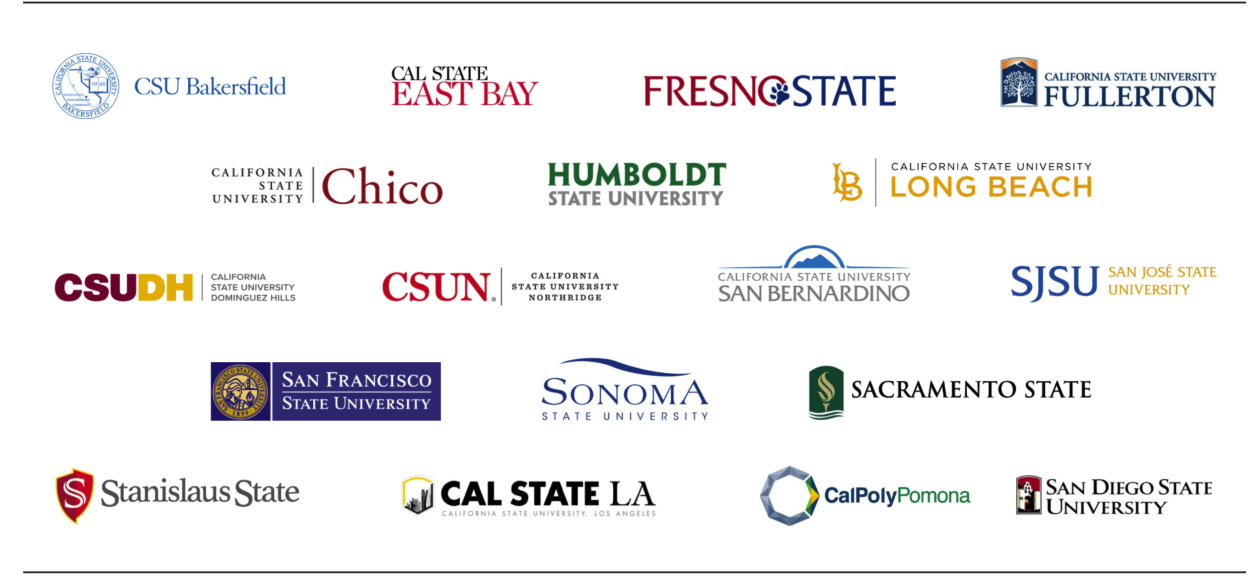 logotypes for all participating CSUs: ConSortiUm’s participating CSU art museums and galleries include venues at campuses in Bakersfield, Todd Madigan Gallery; Chico, Janet Turner Print Museum;&nbsp;Dominguez Hills, University Art Gallery;&nbsp;East Bay, University Art Gallery; Fresno, Center for Creativity and the Arts; Fullerton, Nicholas &amp; Lee Begovich Gallery and Grand Central Art Center; Humboldt, Reese Bullen Gallery and Goudi'ni Native American Arts Gallery; Long Beach, School of Art and Carolyn Campagna Kleefeld Contemporary Art Museum; Los Angeles, Luckman Gallery, Luckman Fine Arts Complex; Northridge, Art Galleries; Pomona, W. Keith &amp; Janet Kellogg University Art Gallery and Don B. Huntley Gallery; Sacramento, University Galleries; San Bernardino, Robert and Frances Fullerton Museum of Art; San Diego, University Art Galleries; San Francisco, Fine Arts Gallery; San Jose, Natalie and James Thompson Gallery; Sonoma, University Art Gallery; Stanislaus, University Art Gallery and Stan State Art Space