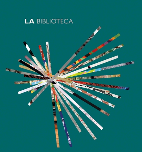 LA Bibliotecta turquoise background with strips of mixed media art intersecting each other in the middle