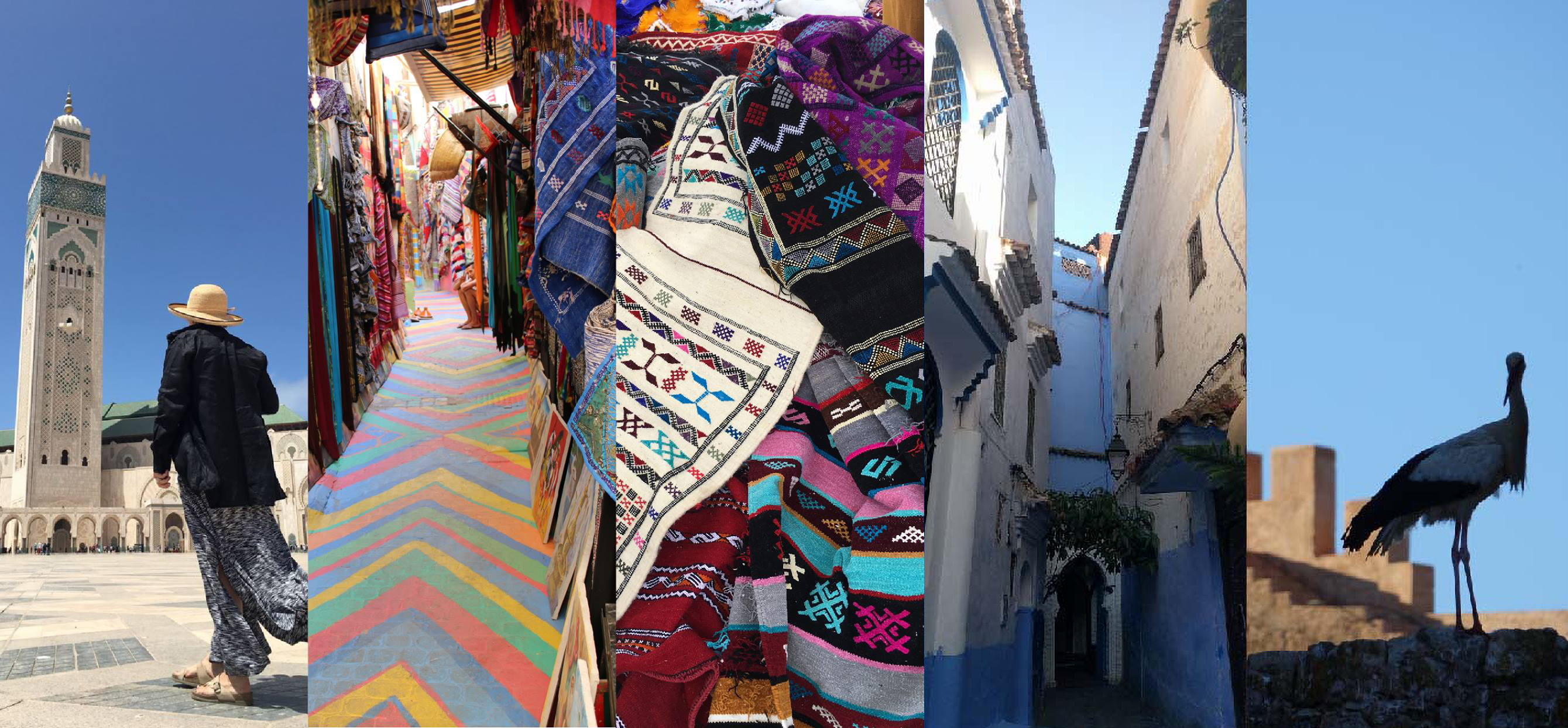 Moroccan scenery of tower, culture, fabrics, crane 