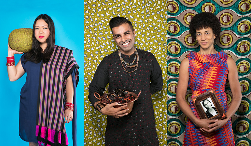 People’s Kitchen Collective Co-Founders (left to right) Sita Kuratomi Bhaumik carrying a jackfruit, Saqib Keval holding a pot of spices, and Jocelyn Jackson holding an old black and white image; Photo Credit: Molly DeCoudreaux 