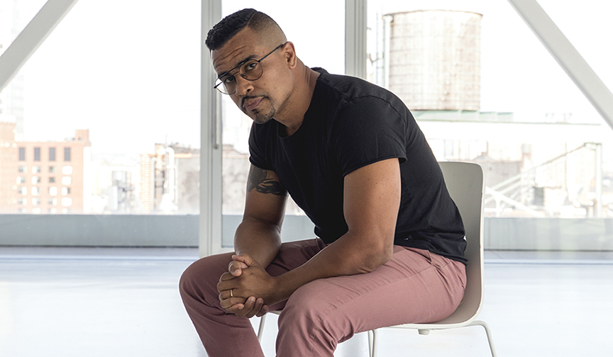 Shaun Leonardo sits for a portrait in the Sky Room at the New Museum in New York