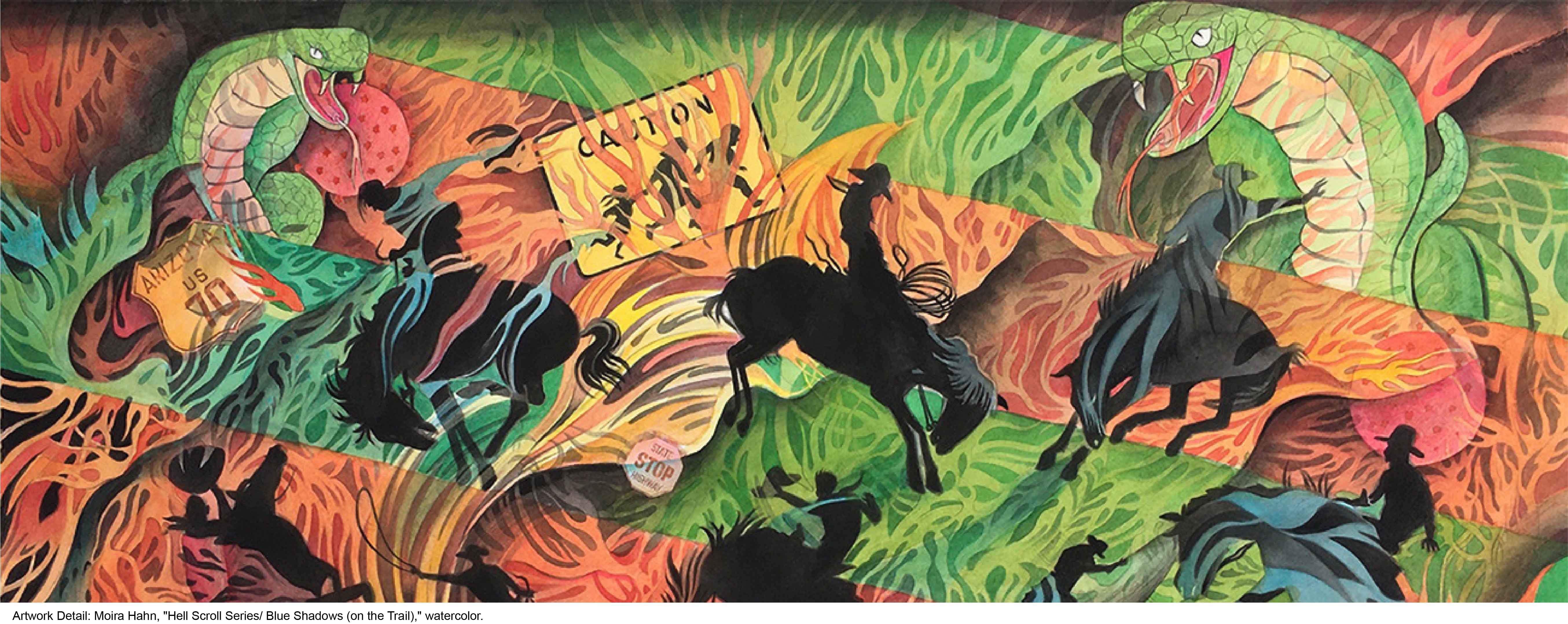 Artwork Detail of cowboy shadows riding through green and orange flames: Moira Hahn, "Hell Scroll Series/ Blue Shadows (on the Trail)," watercolor.