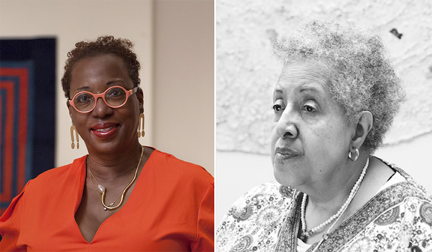 (left) portrait of Valerie Cassel Oliver, Courtesy Virginia Museum of Fine Arts, Photo credit: Travis Fullerton (right) black and white portrait of artist Howardena Pindell, Photo credit: Katherine McMahon