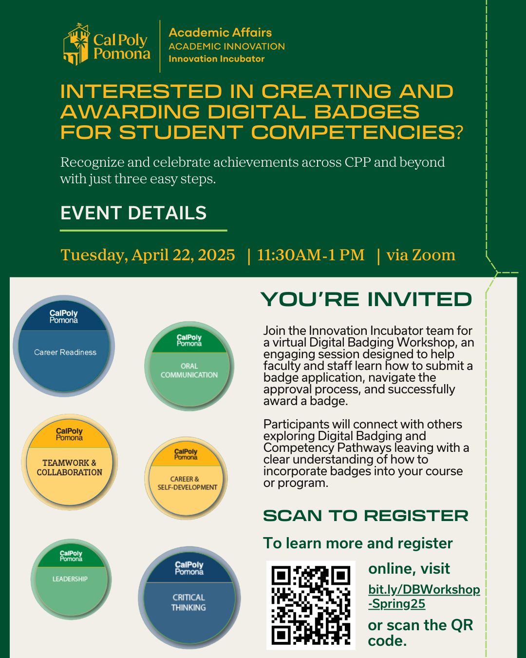 Green and Gold Digital Badging Workshop flyer on April 22nd 2025