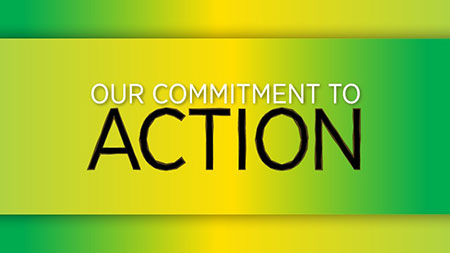 Green and yellow hued graphic with the words "Our Commitment to Action"