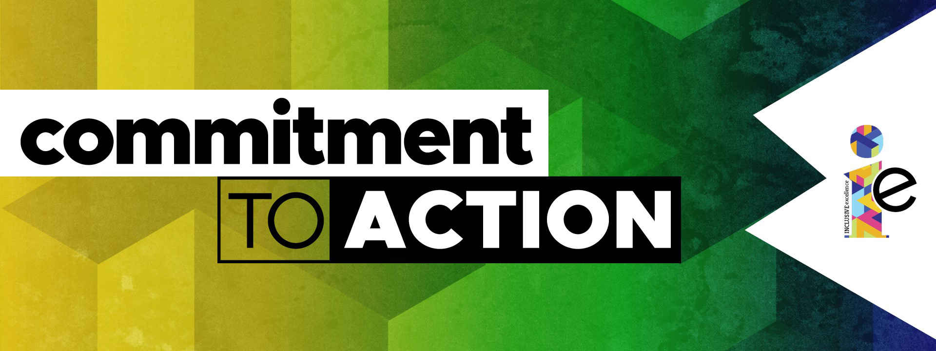 Graphic with geometric shapes in various colors with text that says commitment to action.