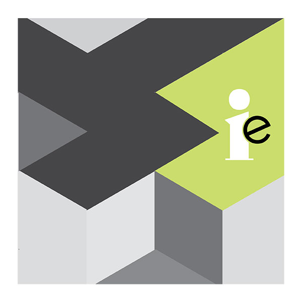 Ie logo against green and gray graphic blocks