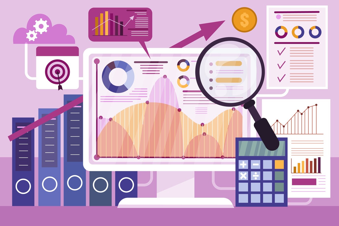 art graphic of computer and charts