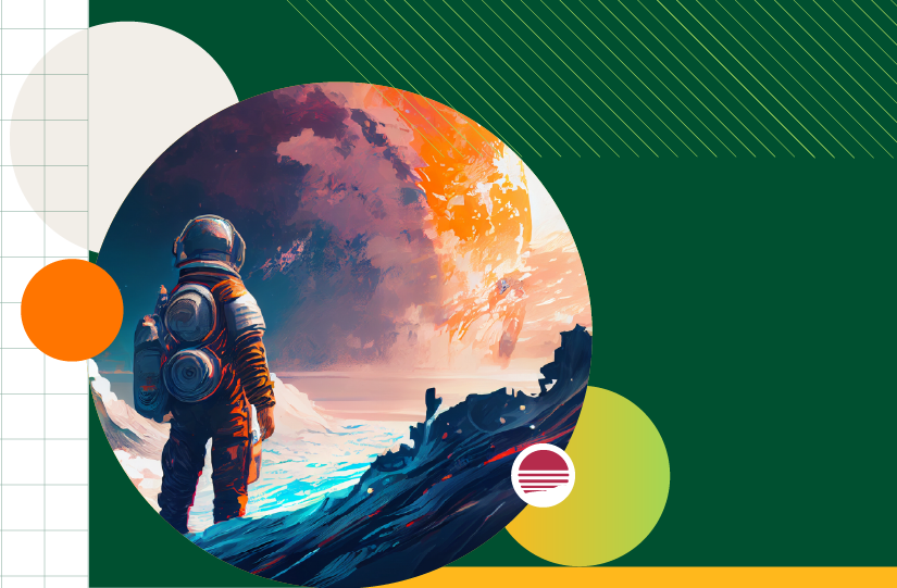 austronaut looks out upon an artificially generated landscape
