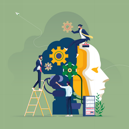 Illustration of robot head being programmed by people