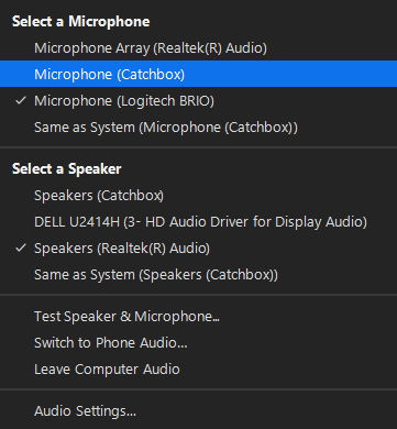 picture of the usb audio input zoom settings for the catchbox